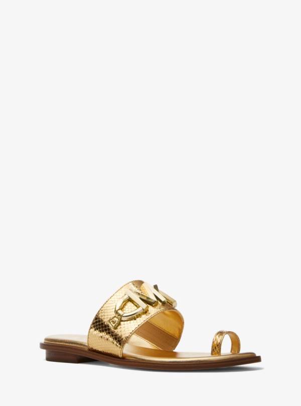 Damske Slapky Michael Kors Izzy Embellished Metallic Snake Embossed Leather Sandal Zlate - Topanky Michael Kors Obchod | WVRCU-9523